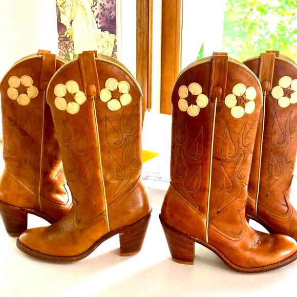 White Daisy Flower Vintage Brown Cowboy Boots - Picture 8 of 11